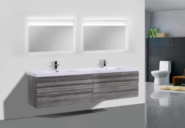 MOB 84" HIGH GLOSS ASH GREY WALL MOUNTED MODERN BATHROOM VANITY WITH REEINFORCED ACRYLIC SINK