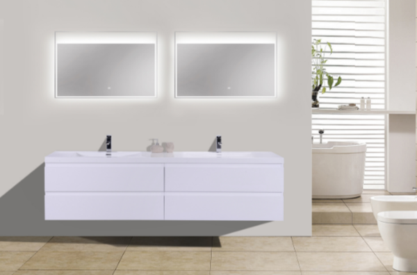 MOB 84" HIGH GLOSS WHITE WALL MOUNTED MODERN BATHROOM VANITY WITH REEINFORCED ACRYLIC SINK