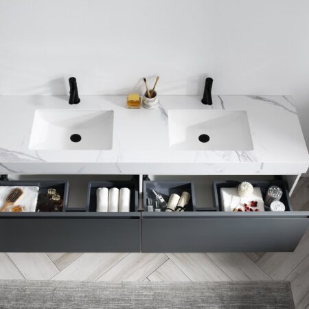 MANAROLA 72” DARK GRAY WITH THICK QUARTZ WALL MOUNT MODERN BATHROOM VANITY - Image 2