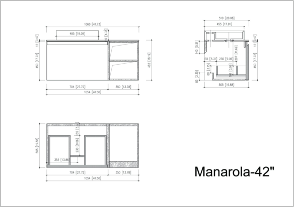 MANAROLA 42” LIGHT GRAY WALL MOUNT MODERN BATHROOM VANITY (OPEN SHELVES)