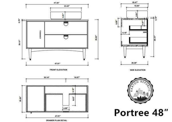 PORTREE 48” MATTE WHITE MID-CENTURY FREE STANDING BATHROOM VANITY