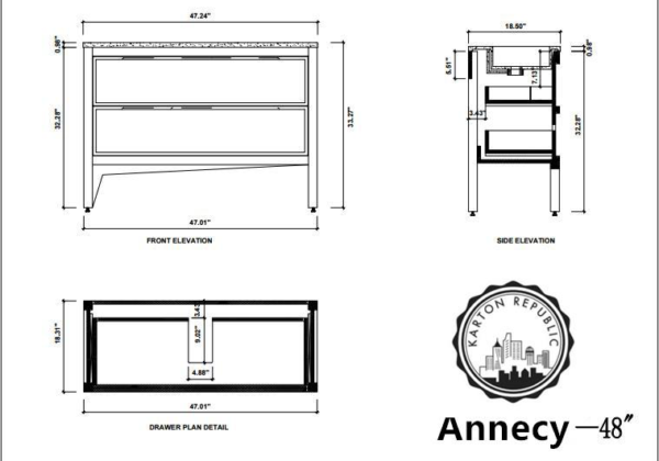 This is an Annecy series 48-inch Charcoal oak finishing free standing bathroom vanity. Simplicity of the design represents the most freshness to our bathroom. Balance is the second main spirit of this design element. Each balancing and equaling design gives peacefully relaxation to this product line.