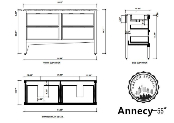 ANNECY 55” DARK WALNUT FREE STANDING MODERN BATHROOM VANITY