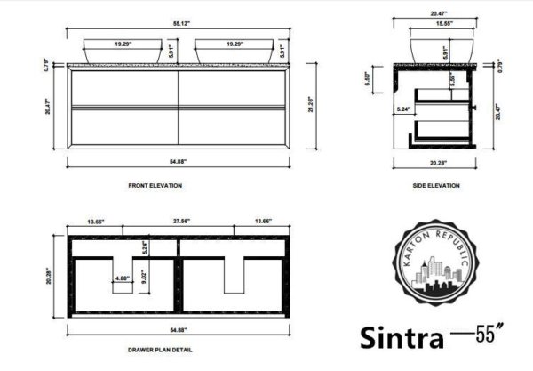 SINTRA 55” DARK WALNUT OAK WALL MOUNTED MODERN BATHROOM VANITY