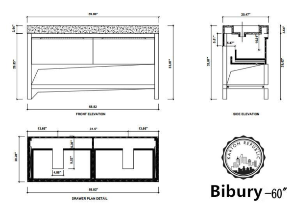 BIBURY 60” WHITEWASH OAK FREE STANDING MODERN BATHROOM VANITY