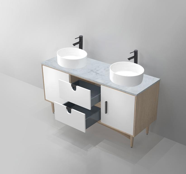 PORTREE 60” MATTE WHITE MID-CENTURY FREE STANDING BATHROOM VANITY