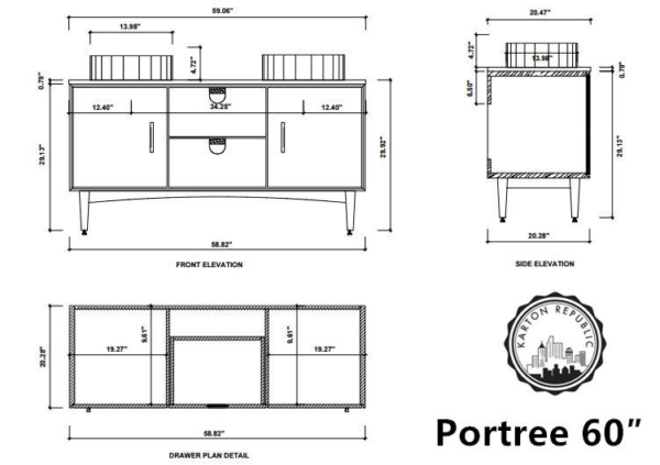 PORTREE 60” MATTE WHITE MID-CENTURY FREE STANDING BATHROOM VANITY