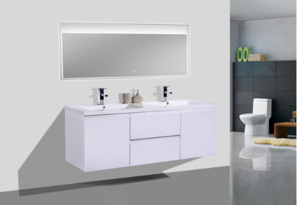 MOB 60" DOUBLE SINK HIGH GLOSS WHITE WALL MOUNTED MODERN BATHROOM VANITY WITH REEINFORCED ACRYLIC SINK