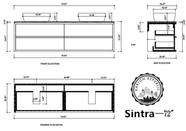 SINTRA 72” WHITEWASH OAK WALL MOUNT MODERN BATHROOM VANITY