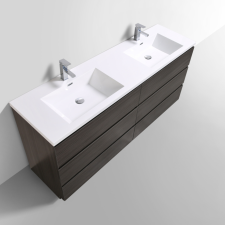 MOA 72″ DOUBLE SINK DARK GREY-OAK MODERN BATHROOM VANITY W/ 6 DRAWERS AND ACRYLIC SINK
