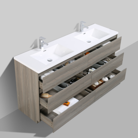 MOA 72″ DOUBLE SINK MAYPLE GREY MODERN BATHROOM VANITY W/ 6 DRAWERS AND ACRYLIC SINK