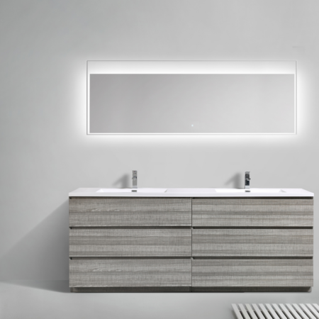 MOA 84″ DOUBLE SINK ASH-GRAY MODERN BATHROOM VANITY W/ 6 DRAWERS AND ACRYLIC SINK