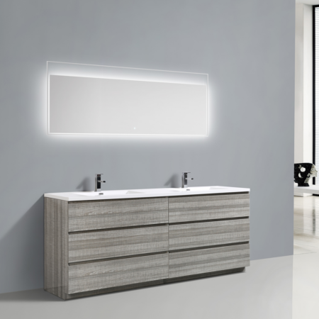 MOA 84″ DOUBLE SINK ASH-GRAY MODERN BATHROOM VANITY W/ 6 DRAWERS AND ACRYLIC SINK