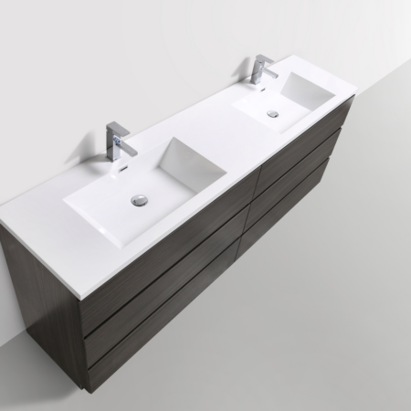 MOA 84″ DOUBLE SINK DARK GREY-OAK WHITE MODERN BATHROOM VANITY W/ 6 DRAWERS AND ACRYLIC SINK