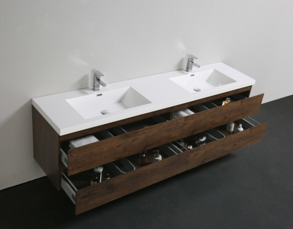 MOB 84" ROSEWOOD WALL MOUNTED MODERN BATHROOM VANITY WITH REEINFORCED ACRYLIC SINK