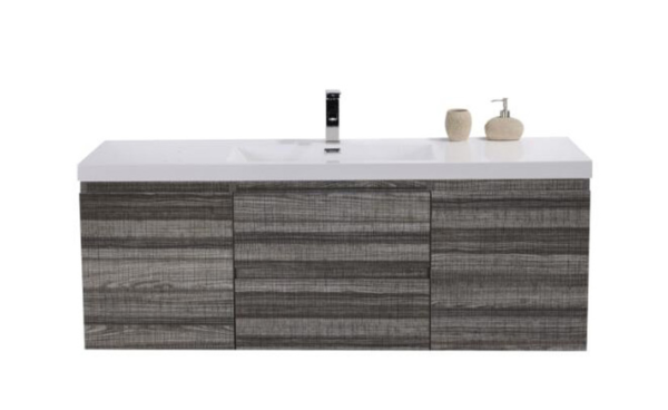 60" SINGLE SINK HIGH GLOSS ASH GREY WALL MOUNTED MODERN BATHROOM VANITY WITH REEINFORCED ACRYLIC SINK