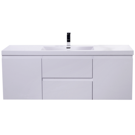 60" SINGLE SINK HIGH GLOSS WHITE WALL MOUNTED MODERN BATHROOM VANITY WITH REEINFORCED ACRYLIC SINK