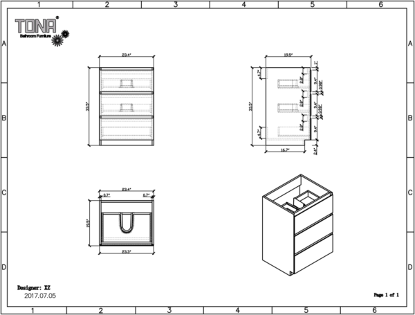 MOA 24″ ASH-GEAY MODERN BATHROOM VANITY W/ 3 DRAWERS AND ACRYLIC SINK