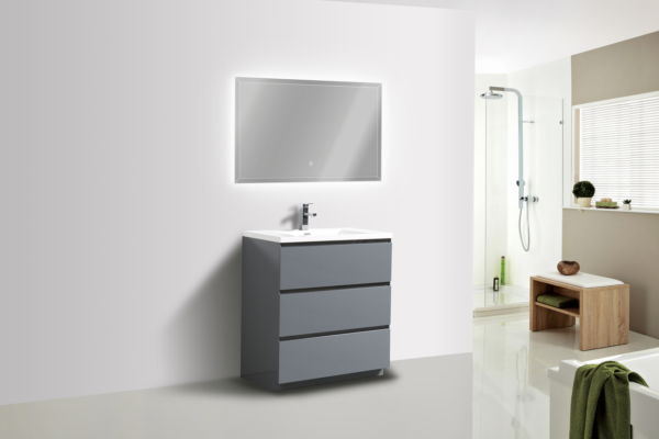 MOA 30″ GLOSS GRAY MODERN BATHROOM VANITY W/ 3 DRAWERS AND ACRYLIC SINK