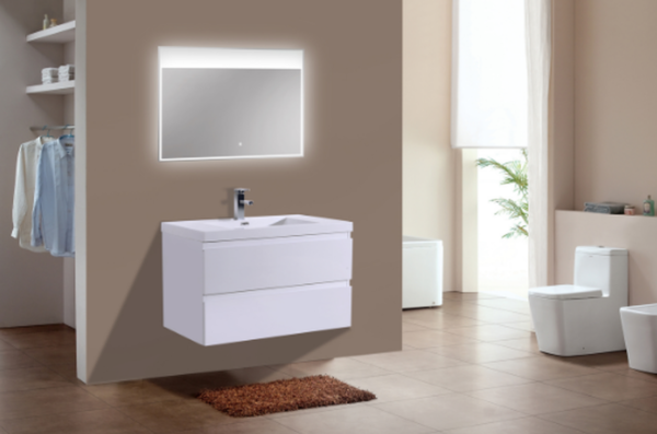 MOB 30" HIGH GLOSS WHITE WALL MOUNTED MODERN BATHROOM VANITY WITH REEINFORCED ACRYLIC SINK