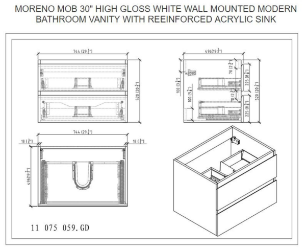 KEETCHEN OSLO 30" HIGH GLOSS WHITE WALL MOUNTED MODERN BATHROOM VANITY - Image 5