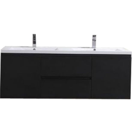 60" DOUBLE SINK BLACK WALL MOUNTED MODERN BATHROOM VANITY WITH REEINFORCED ACRYLIC SINK