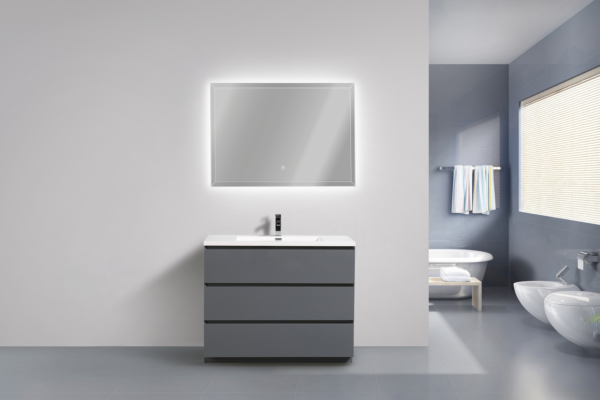 MOA 42″ HIGH-GLOSS GRAY MODERN BATHROOM VANITY W/ 3 DRAWERS AND ACRYLIC SINK