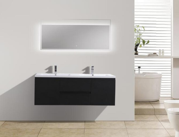 60" DOUBLE SINK BLACK WALL MOUNTED MODERN BATHROOM VANITY WITH REEINFORCED ACRYLIC SINK