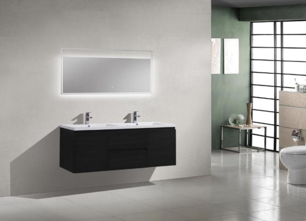 60" DOUBLE SINK BLACK WALL MOUNTED MODERN BATHROOM VANITY WITH REEINFORCED ACRYLIC SINK