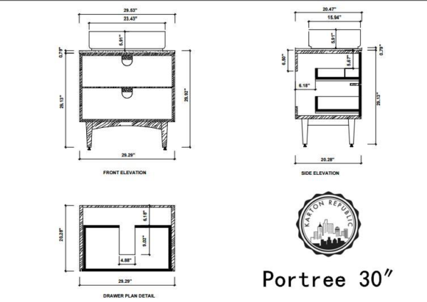 PORTREE 30” WALNUT MID-CENTURY FREE STANDING BATHROOM VANITY