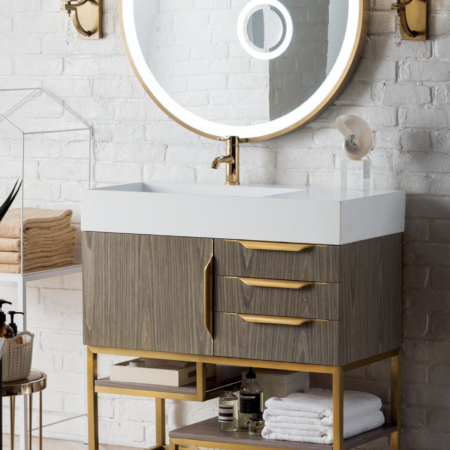 James Martin Columbia 36" Single Vanity, Ash Gray (Radiant Gold finish, Gloss White Sink) - Image 2
