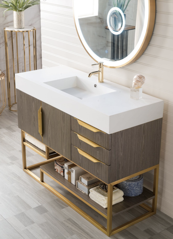 James Martin Columbia 48" Single Vanity, Ash Gray (Radiant Gold finish, Gloss White Sink) - Image 2