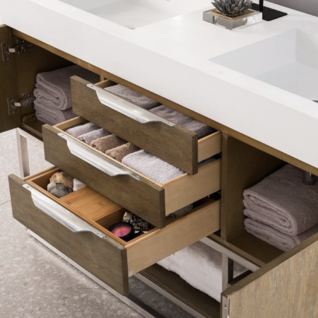 James Martin Columbia 59" Double Vanity, Ash Gray (Brushed Nickel finish, Gloss White Sink) - Image 2