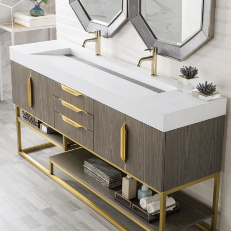 James Martin Columbia 72" Double Vanity, Ash Gray (Radiant Gold finish, Gloss White Sink) - Image 2