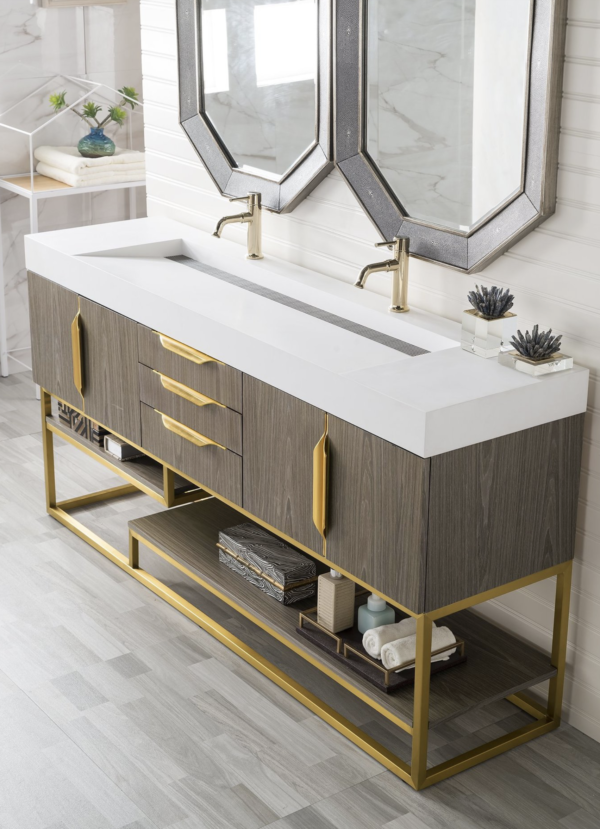 James Martin Columbia 72" Double Vanity, Ash Gray (Radiant Gold finish, Gloss White Sink) - Image 2