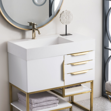 James Martin Columbia 36" Single Vanity, Glossy White (Radiant Gold finish, White Gloss Sink) - Image 2
