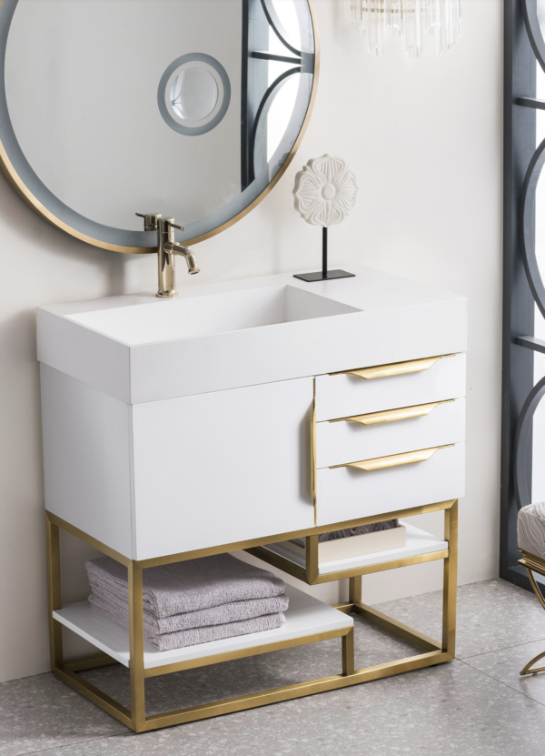 James Martin Columbia 36" Single Vanity, Glossy White (Radiant Gold finish, White Gloss Sink) - Image 2