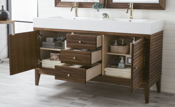 James Martin Linear 59" Double Vanity, Mid Century Walnut(Gloss White Sink) - Image 2