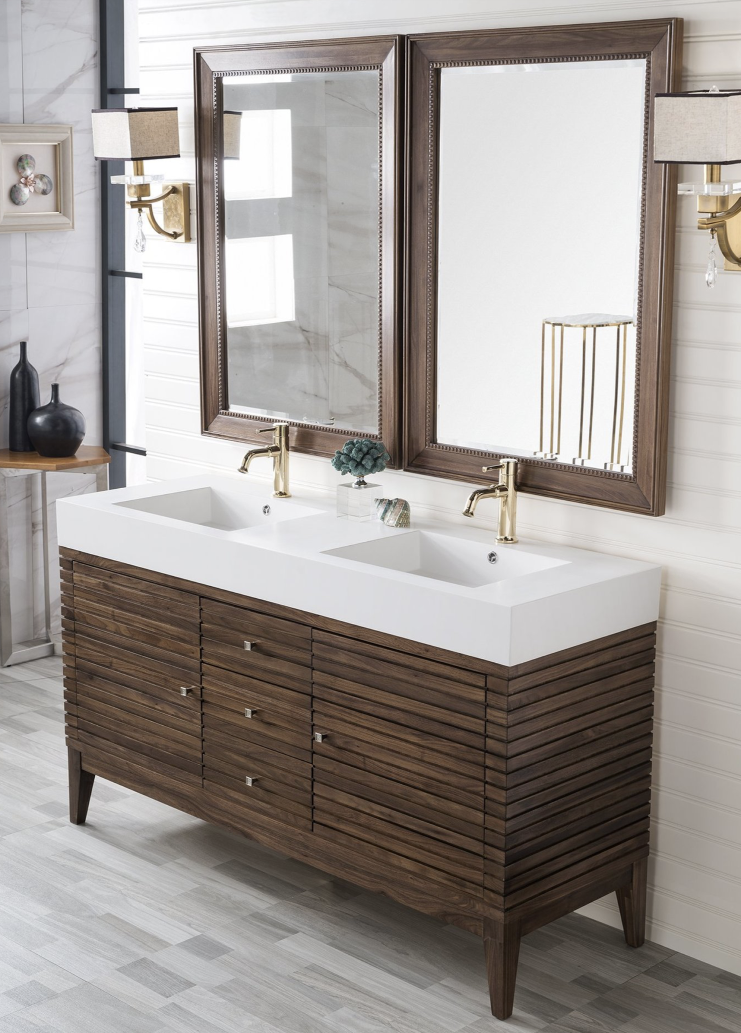 59 Floating White & Brown Bathroom Vanity Set with Double Sink Two Shelves