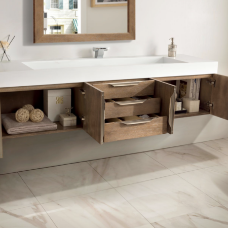 James Martin Mercer Island 72" Single Bathroom Vanity, Latte Oak (Brushed Gold Hardware, Gloss White Sink) - Image 2