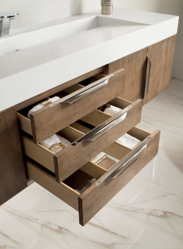 James Martin Mercer Island 72" Single Bathroom Vanity, Latte Oak (Brushed Gold Hardware, Gloss White Sink) - Image 3