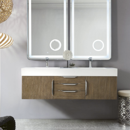 James Martin Mercer Island 59" Double Bathroom Vanity, Latte Oak(Brushed Nickel finish, Gloss White Sink) - Image 2