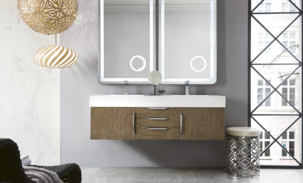 James Martin Mercer Island 59" Double Bathroom Vanity, Latte Oak(Brushed Nickel finish, Gloss White Sink) - Image 2