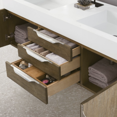 James Martin Mercer Island 59" Double Bathroom Vanity, Latte Oak(Brushed Gold Hardware, Gloss White Sink) - Image 2