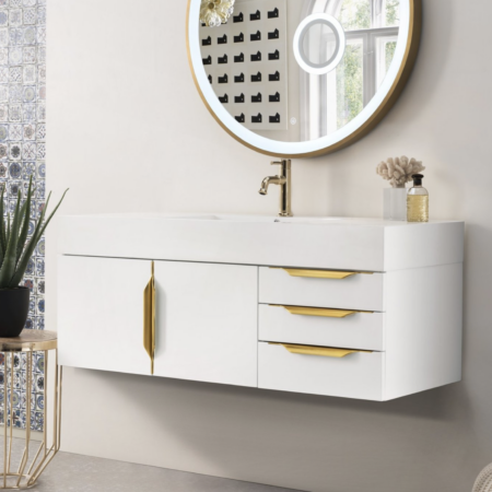 James Martin Mercer Island 48" Single Bathroom Vanity, Gloss White (Brushed Gold Hardware,Gloss White Sink) - Image 4