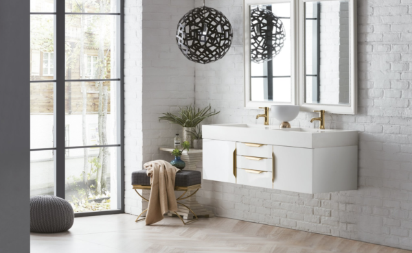 James Martin Mercer Island 59" Double Bathroom Vanity, Glossy White(Brushed Gold Hardware, Gloss White Sink) - Image 2