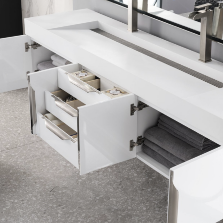 James Martin Mercer Island 72" Double Bathroom Vanity, Glossy White (Brushed Gold Hardware, Gloss White Sink) - Image 2