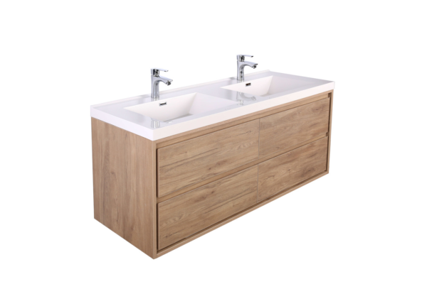 KEETCHEN HELSINKI 60" Teak Oak Wall Mounted Modern Vanity - Double Sink - Image 2