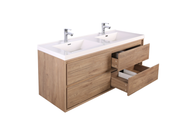 KEETCHEN HELSINKI 60" Teak Oak Wall Mounted Modern Vanity - Double Sink - Image 5