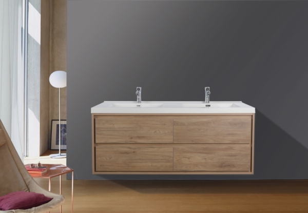 KEETCHEN HELSINKI 60" Teak Oak Wall Mounted Modern Vanity - Double Sink